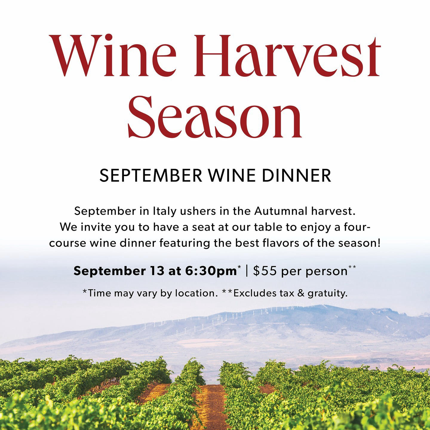 image  1 Carrabba's Italian Grill - You're invited to our Wine Harvest Season wine dinner on Sept 13th