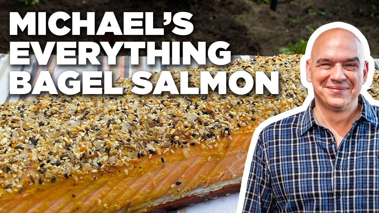 image 0 Michael Symon's Planked Everything Bagel Spiced Salmon : Symon Dinner's Cooking Out : Food Network